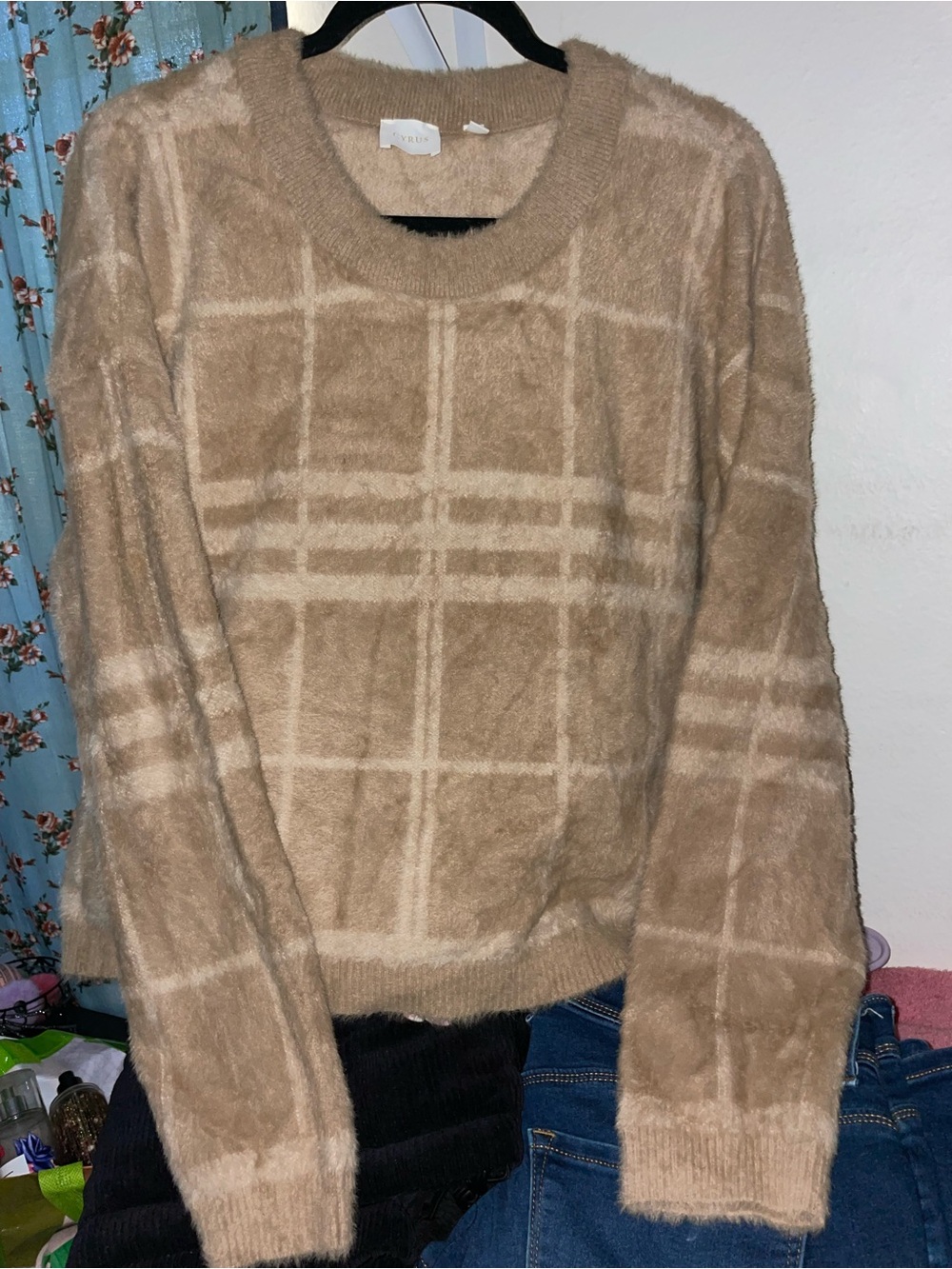 Cyrus Tan Plaid Fuzzy Crewneck Sweater